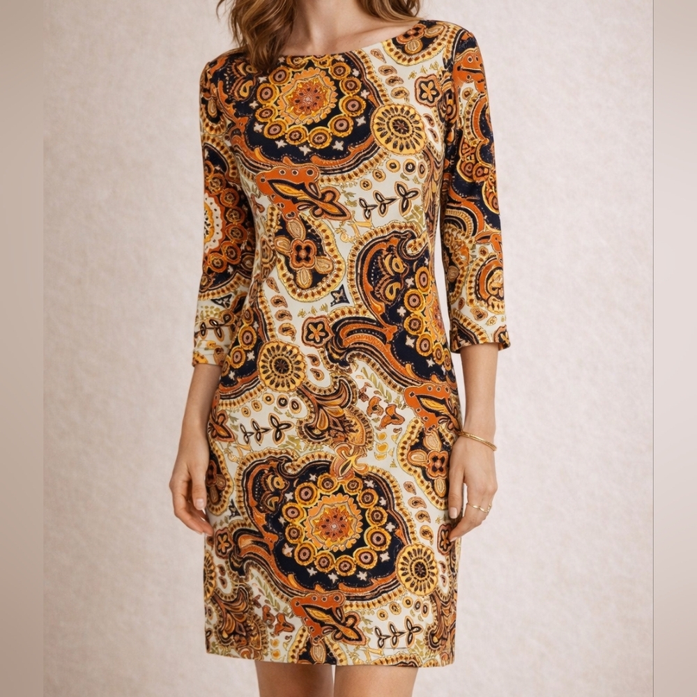 Jude Connally Medallion Sheath Dress XS 3/4 Sleeve Jude Cloth